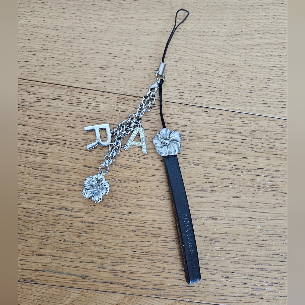 Alba Rosa Gyaru Silver Hibiscus Keychain Phone Charm On Black Leather Strap
